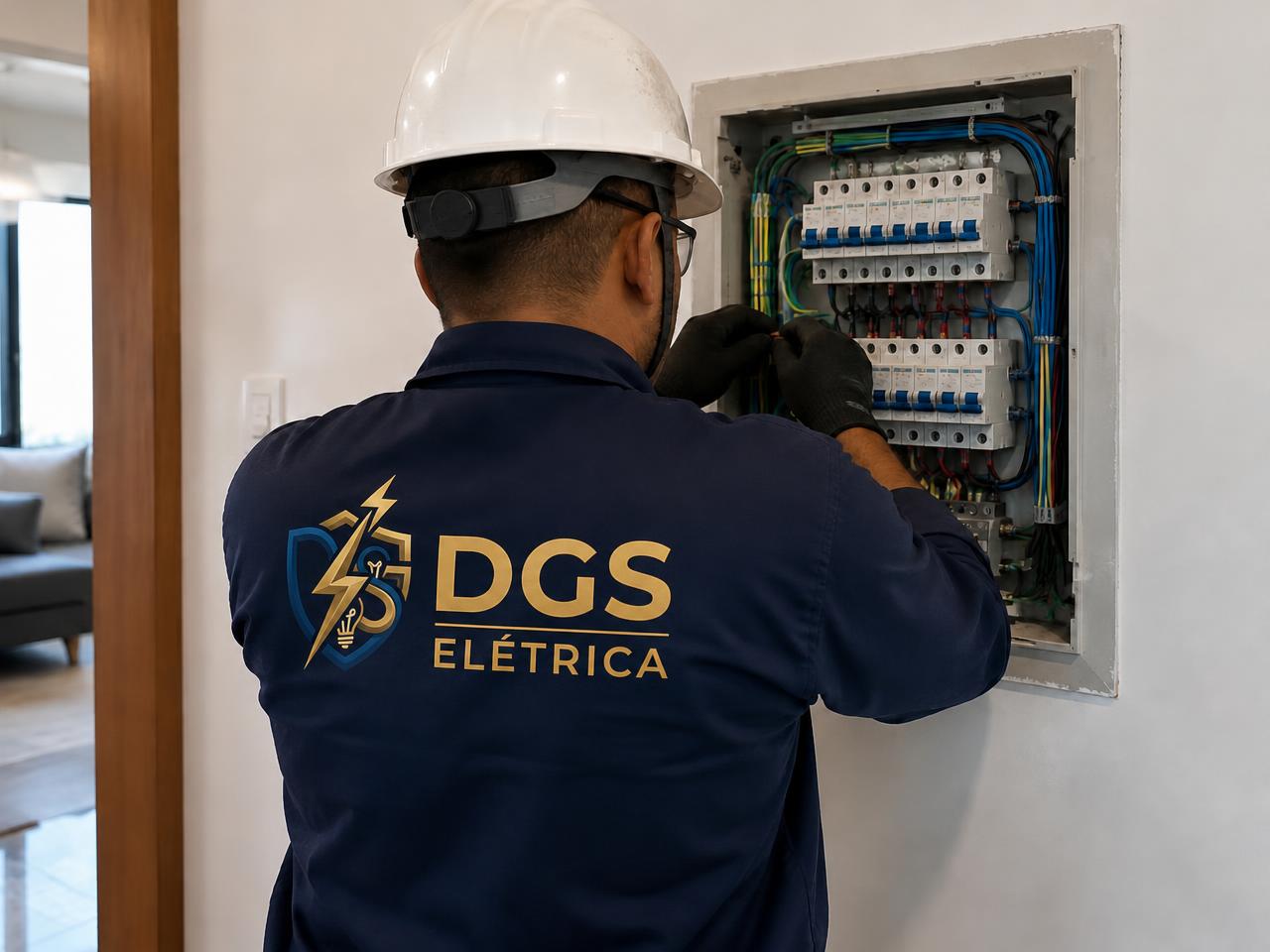Eletricista da DGS Elétrica, visto de costas com a logo no uniforme, montando um quadro de distribuição elétrica em residência